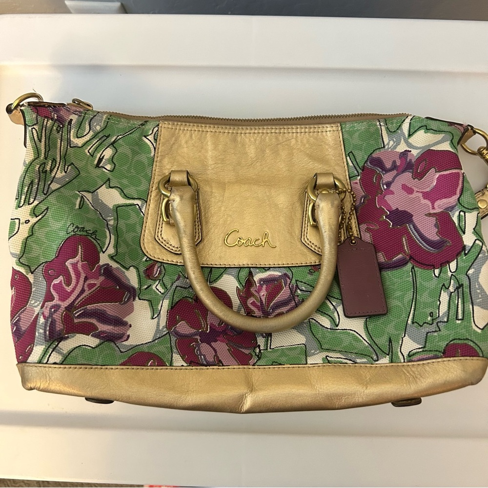 Coach Ashley Floral Gold, Green and Purple Women's Shoulder Bag Satchel Purse